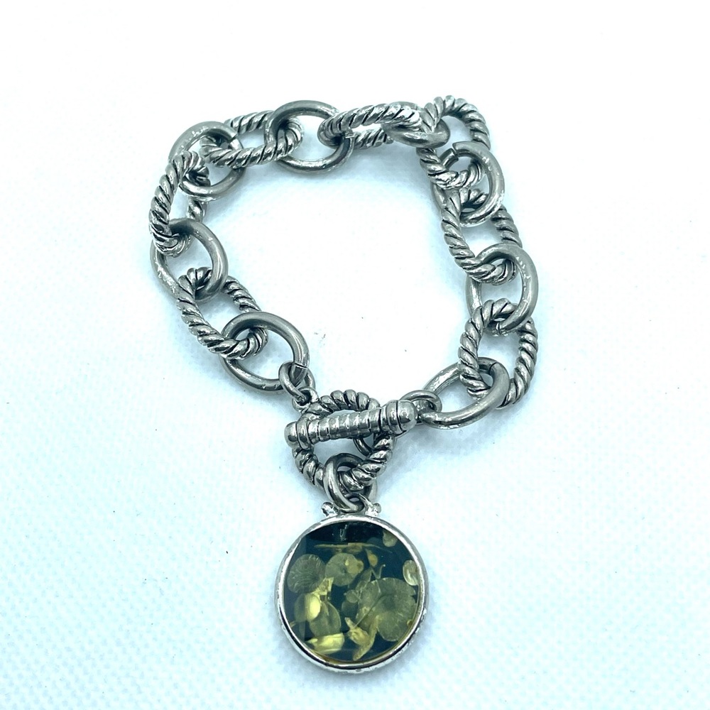 Silver Chain Bracelet W/ Green Colored Resin/Plastic Stone Charm